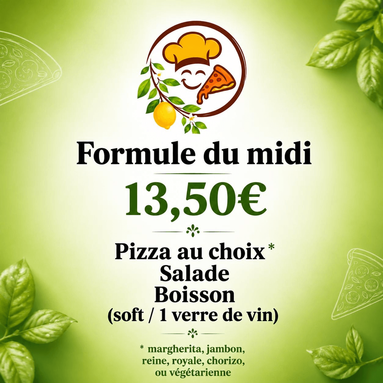 Formule du midi à 13,50 € : pizza au choix, salade et boisson — Smile Inside à Quimper